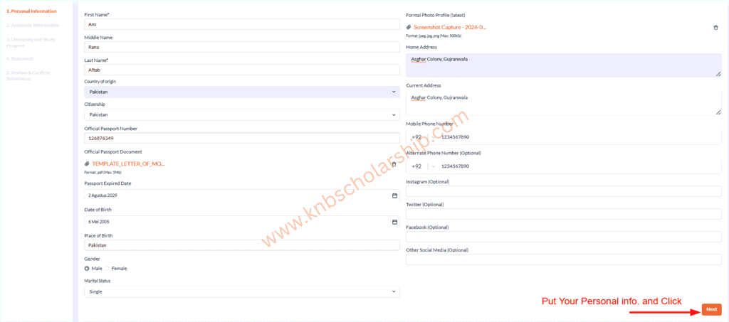 KNB Scholarship Fill Personal Information